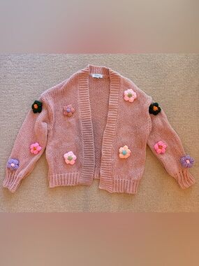 Anthropologie + Duchamp Pink Cardigan with Crocheted Flowers OS